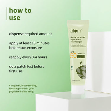 Plum Green Tea & Zinc Super-Matte Gel Sunscreen SPF 50 PA ++++ | Formulated for Oily, Combination and Acne Prone Skin | Protects & Controls Oil | Lightweight, No White Cast & Non-Sticky | Vegan | 15g